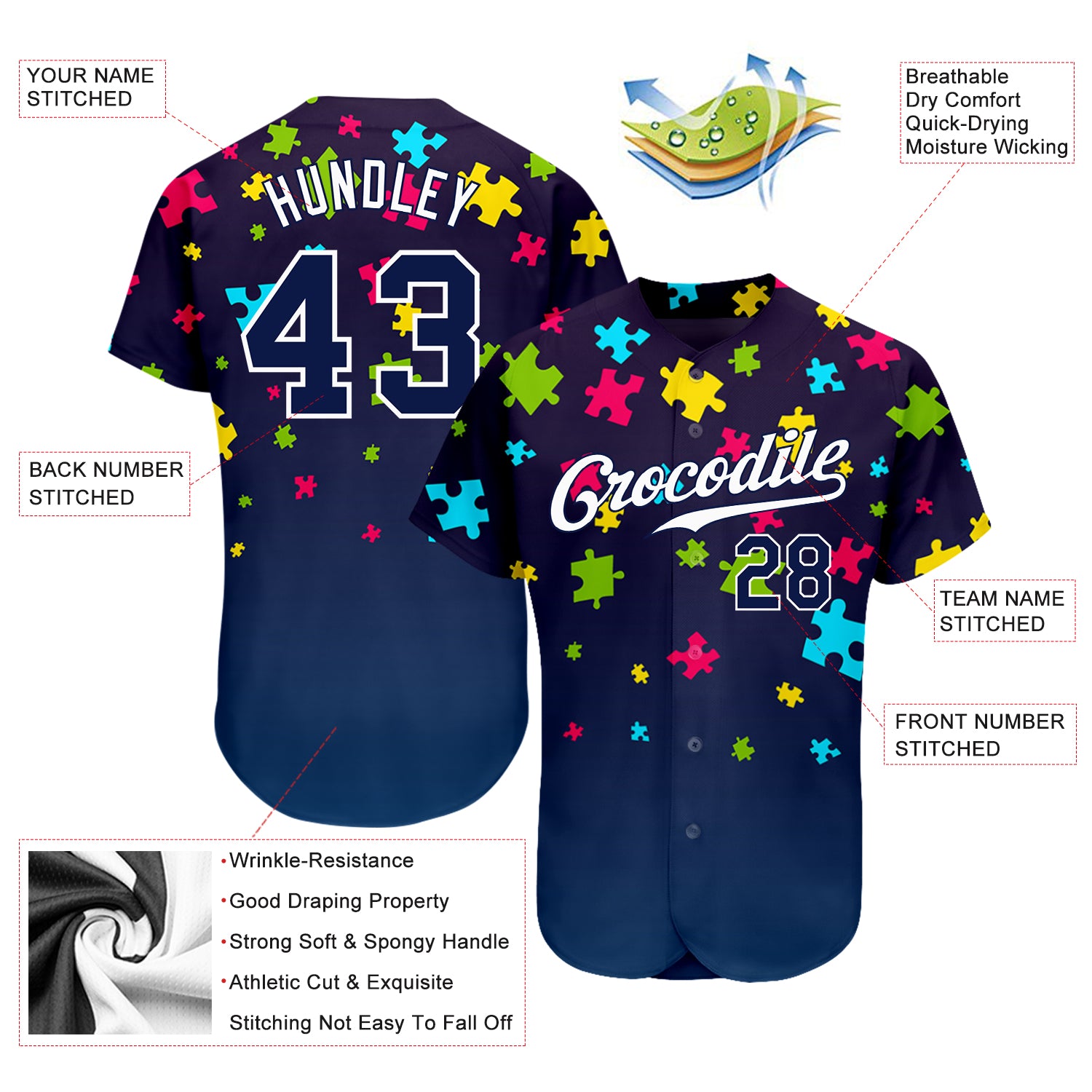 Personalized Autism Awareness Puzzle Pieces Navy-White 3D Authentic Baseball Jersey Team Custom Name and Number Custom Name and Number Autism Awareness Baseball Jersey Navy-White 3D Personalized Puzzle Pieces Design Personalized Autism - Image 3