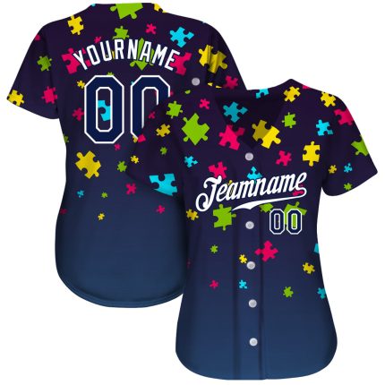 Autism Awareness Personalized 3D Baseball Jersey Navy White Puzzle Design Personalized Autism Awareness Puzzle Pieces Navy-White