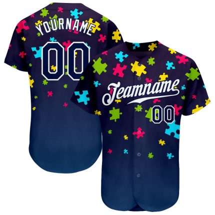 Autism Awareness Personalized 3D Baseball Jersey Navy White Puzzle Design Personalized Autism Awareness Puzzle Pieces Navy-White