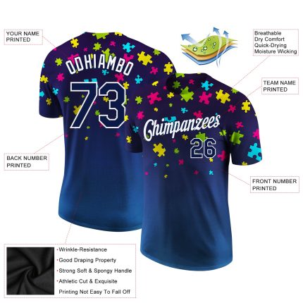 Personalized Autism Awareness Navy-White 3D Performance T-Shirt with Puzzle Design Personalized Autism Awareness Puzzle Pieces