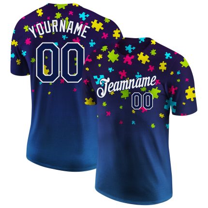 Personalized Autism Awareness Team T-Shirt with Custom Name & Number - Navy-White 3D Performance Puzzle Design Personalized
