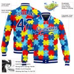 Autism Awareness 3D Bomber Jacket Royal-White Personalized Full-Snap Varsity Letterman Personalized Autism Awareness Puzzle