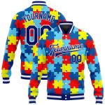 Autism Awareness 3D Bomber Jacket Royal-White Personalized Full-Snap Varsity Letterman Personalized Autism Awareness Puzzle