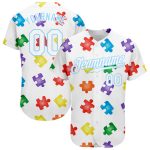 Autism Awareness Custom Name Number 3D Baseball Jersey White Light Blue Personalized Puzzle Pieces Personalized Autism Awareness