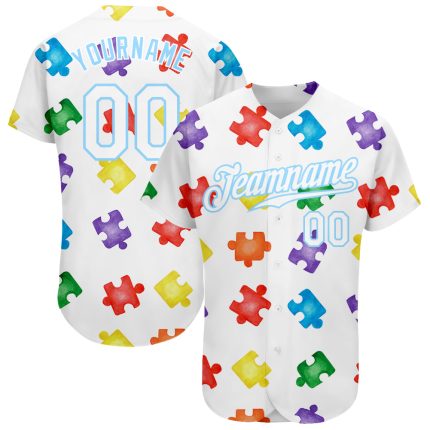 Autism Awareness Custom Name Number 3D Baseball Jersey White Light Blue Personalized Puzzle Pieces Personalized Autism Awareness