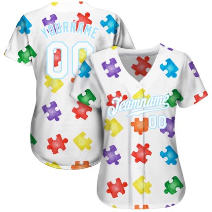 Autism Awareness Custom Name Number 3D Baseball Jersey White Light Blue Personalized Puzzle Pieces Personalized Autism Awareness