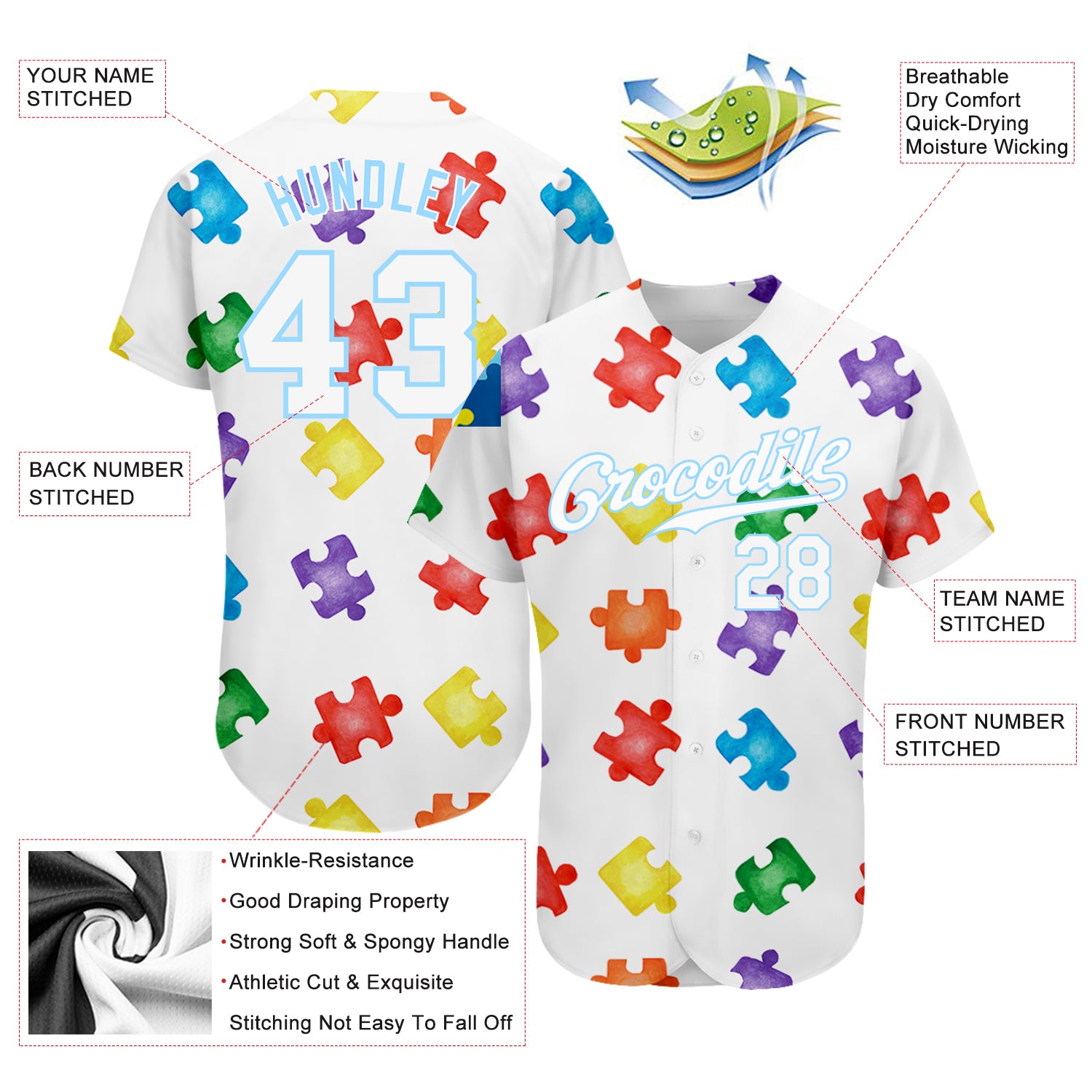 Personalized Autism Awareness Puzzle Pieces White-Light Blue 3D Authentic Baseball Jersey Team Custom Name and Number Autism Awareness Custom Name Number 3D Baseball Jersey White Light Blue Personalized Puzzle Pieces Personalized Autism Awareness - Image 3