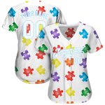 Custom Autism Awareness 3D Baseball Jersey - White and Light Blue Puzzle Piece Design Personalized Autism Awareness Puzzle