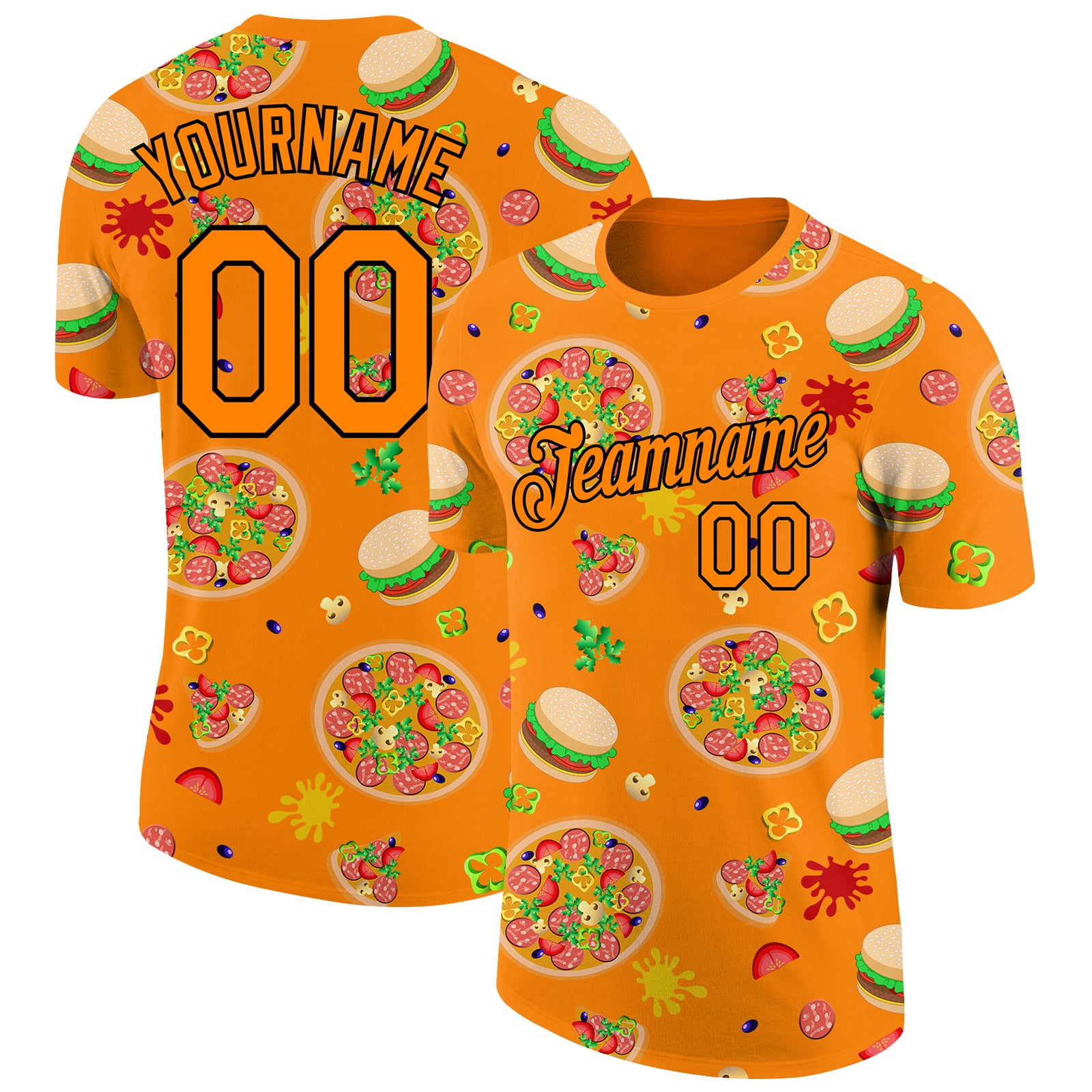 Custom Name and Number Performance T-Shirt for Food Lovers - Bay Orange Black 3D Pattern Design Pizza & Burger Team Shirt