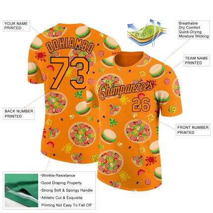Custom Name and Number Performance T-Shirt for Food Lovers - Bay Orange Black 3D Pattern Design Pizza & Burger Team Shirt