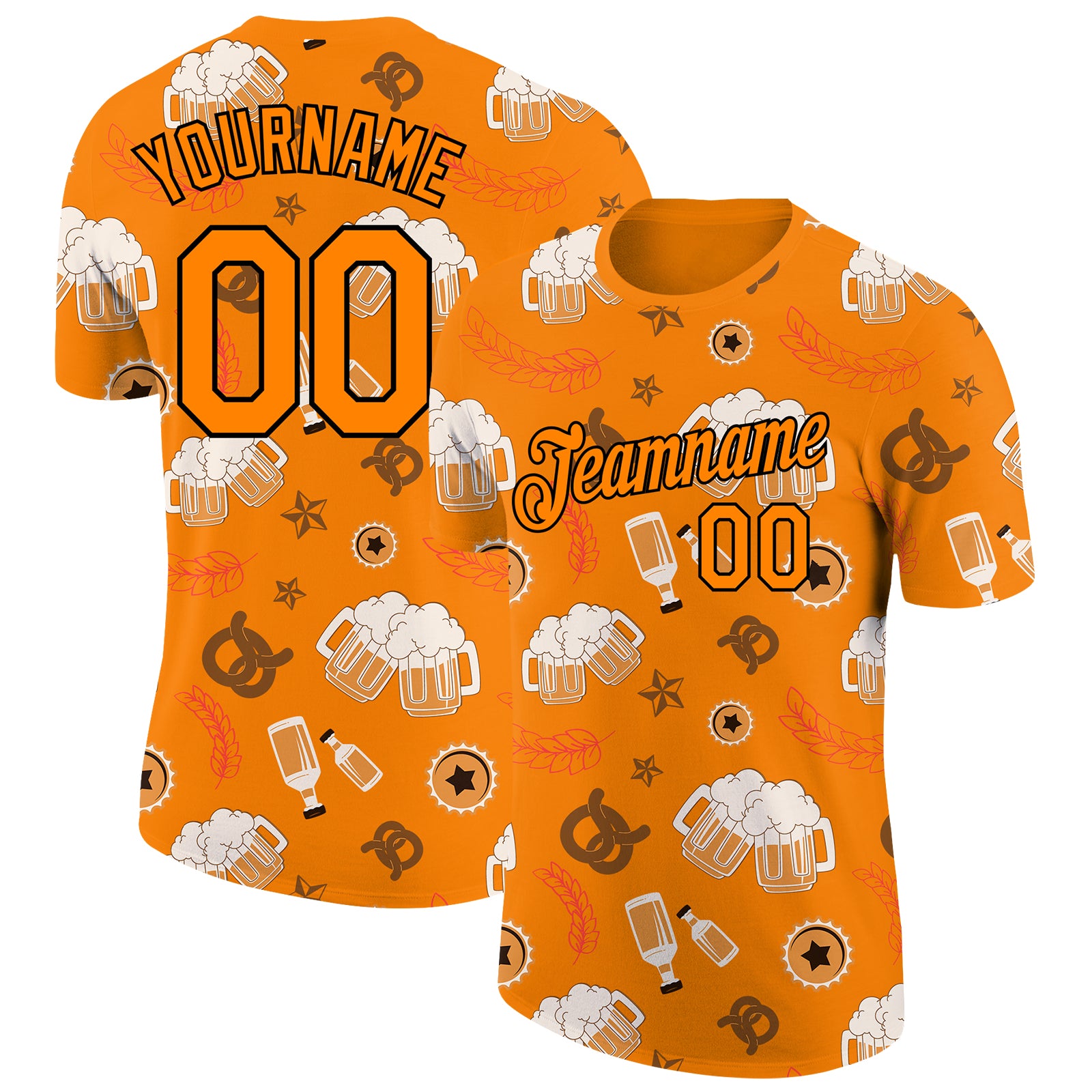 Custom Oktoberfest Beer Festival Performance T-Shirt with Personalized 3D Pattern - Bay Orange and Black, Team Name & Number