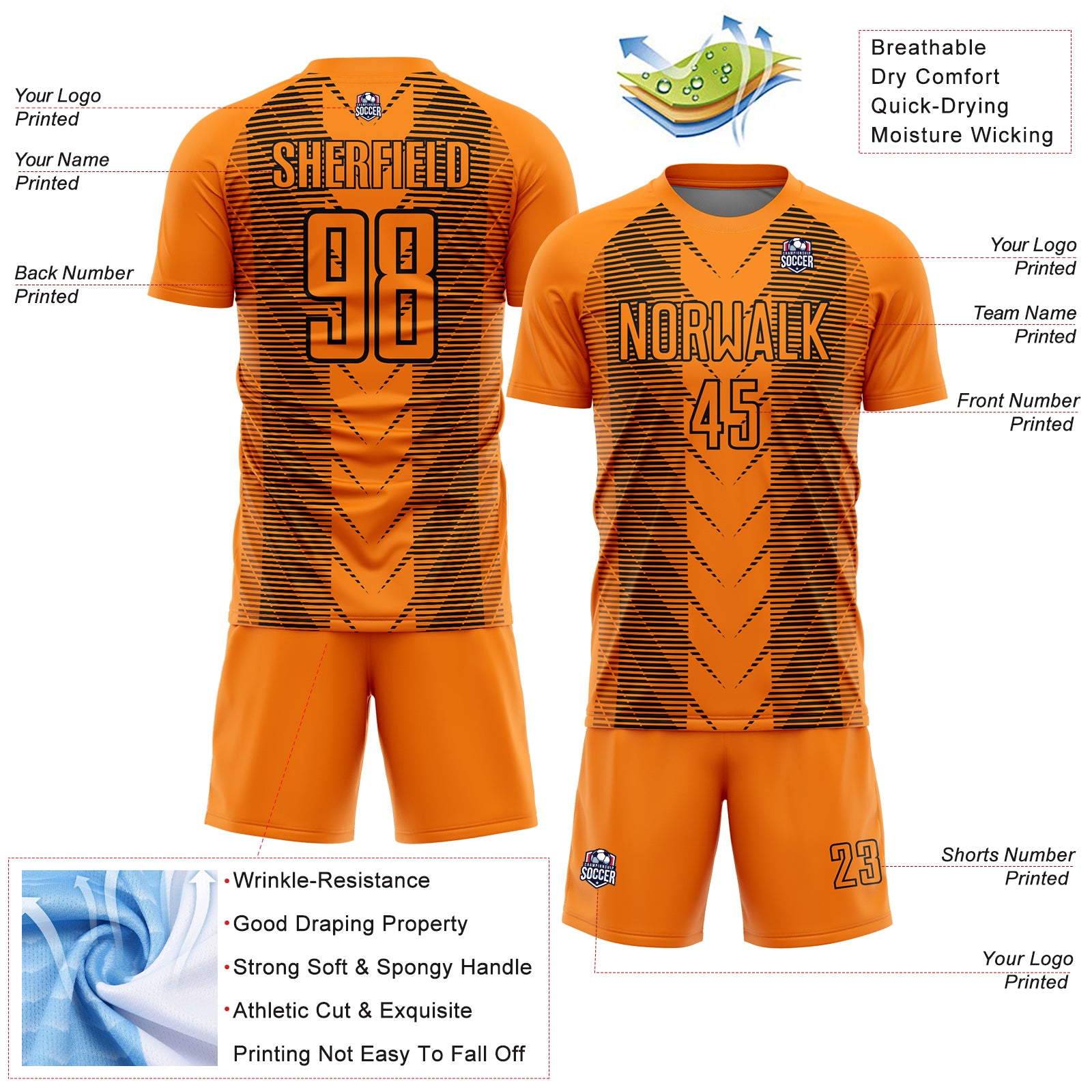 Personalized Bay Orange Black Lines Sublimation Soccer Uniform Jersey Custom Sublimation Soccer Jersey - Bay Orange Black Lines Design Personalized Bay Orange Black Lines Sublimation Soccer Uniform - Image 4