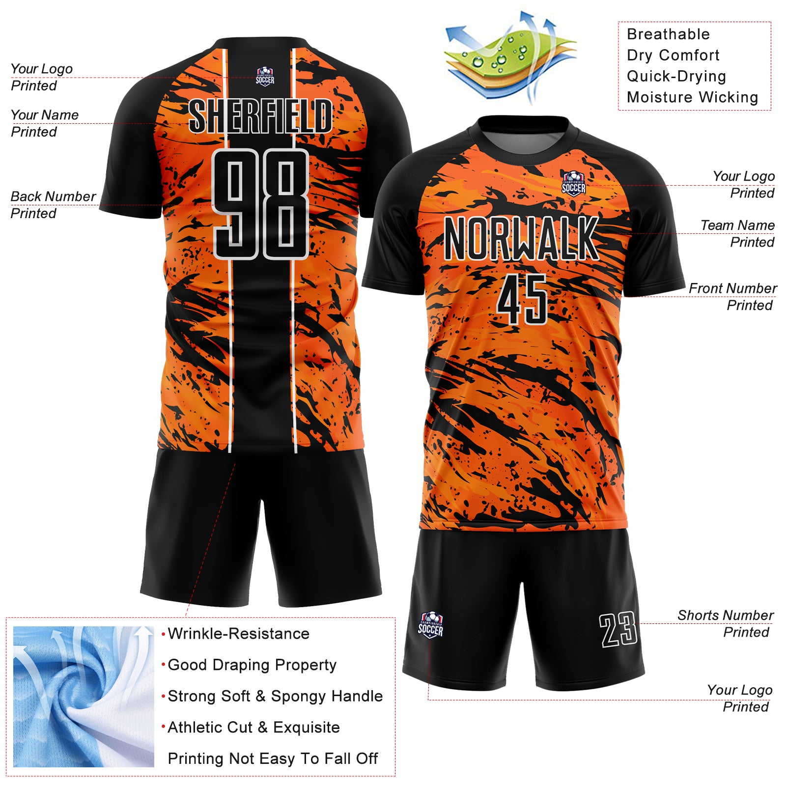 Personalized Orange Black-White Abstract Soccer Jersey - Fluid Sublimation Uniform Personalized Bay Orange Black-White Abstract - Image 4