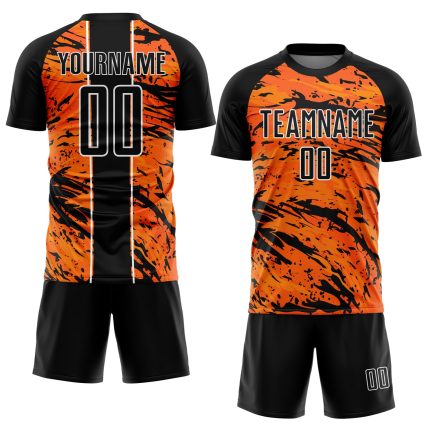 Personalized Orange Black-White Abstract Soccer Jersey - Fluid Sublimation Uniform Personalized Bay Orange Black-White Abstract