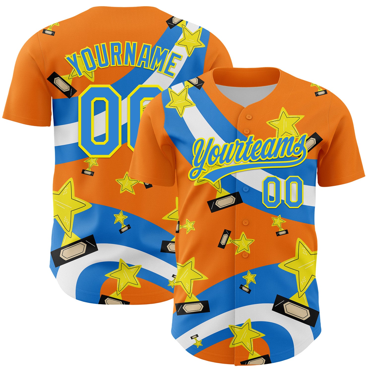 Custom Name Number Baseball Jersey Champion Trophy 3D Pattern Orange Electric Blue-Light Yellow Design Personalized Bay Orange