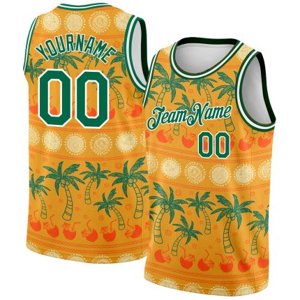 Personalized 3D Pattern Basketball Jersey Hawaii Beach Palm Trees Custom Name & Number - Bay Orange Kelly Green-White Personalized