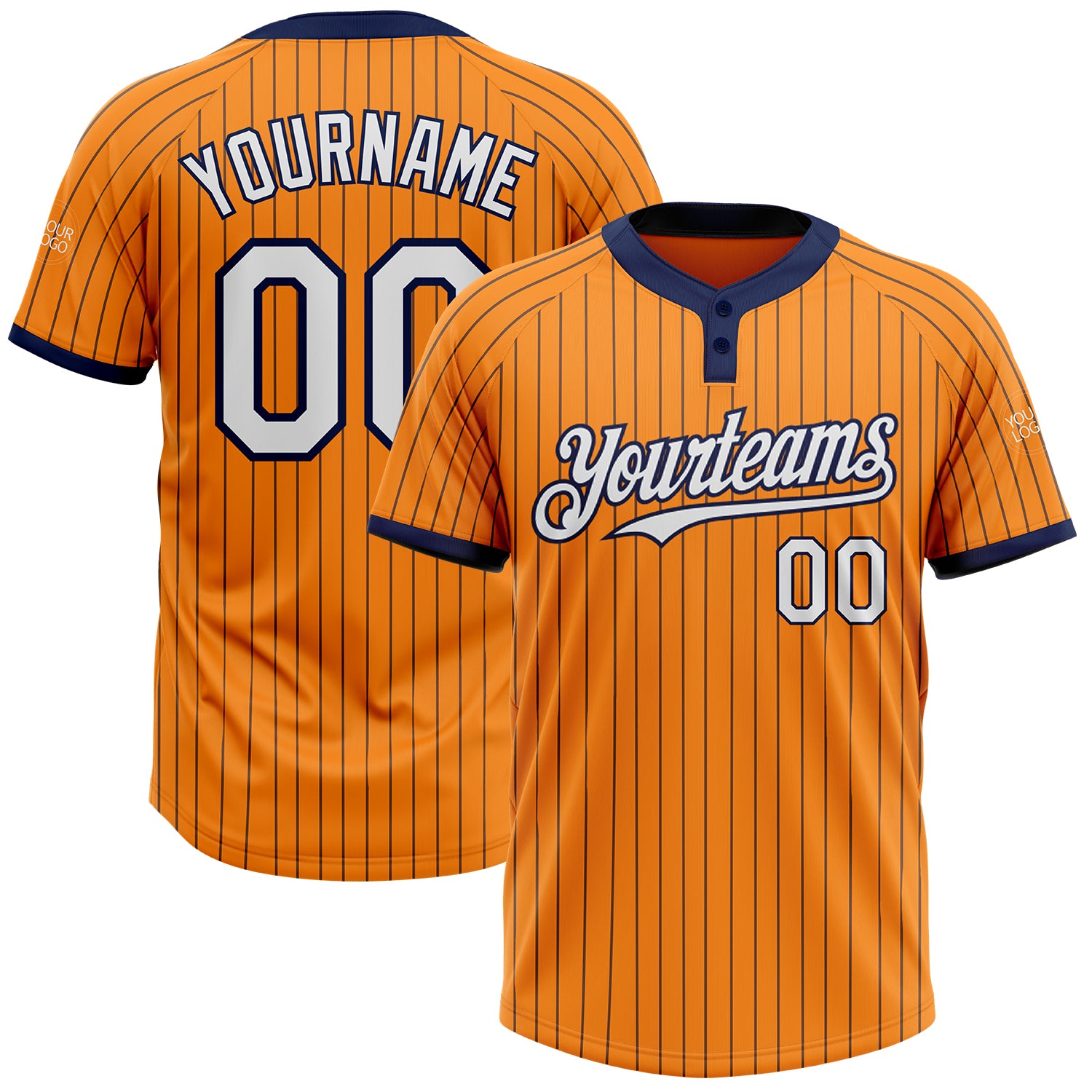 Custom Name and Number Softball Jersey for Team - Personalized Two-Button Unisex Bay Orange Navy Pinstripe Personalized Bay