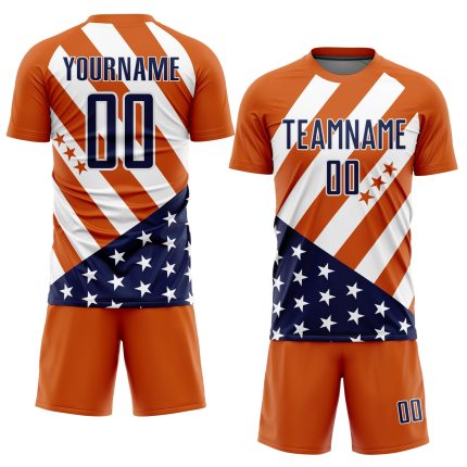 Personalized Vintage American Flag Soccer Uniform Jersey - Bay Orange Navy-White Design Personalized Bay Orange Navy-White