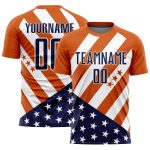 Personalized Vintage American Flag Soccer Uniform Jersey - Bay Orange Navy-White Design Personalized Bay Orange Navy-White