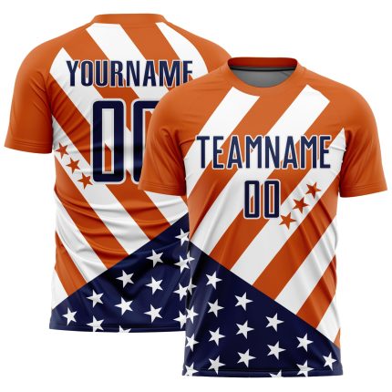 Personalized Vintage American Flag Soccer Uniform Jersey - Bay Orange Navy-White Design Personalized Bay Orange Navy-White