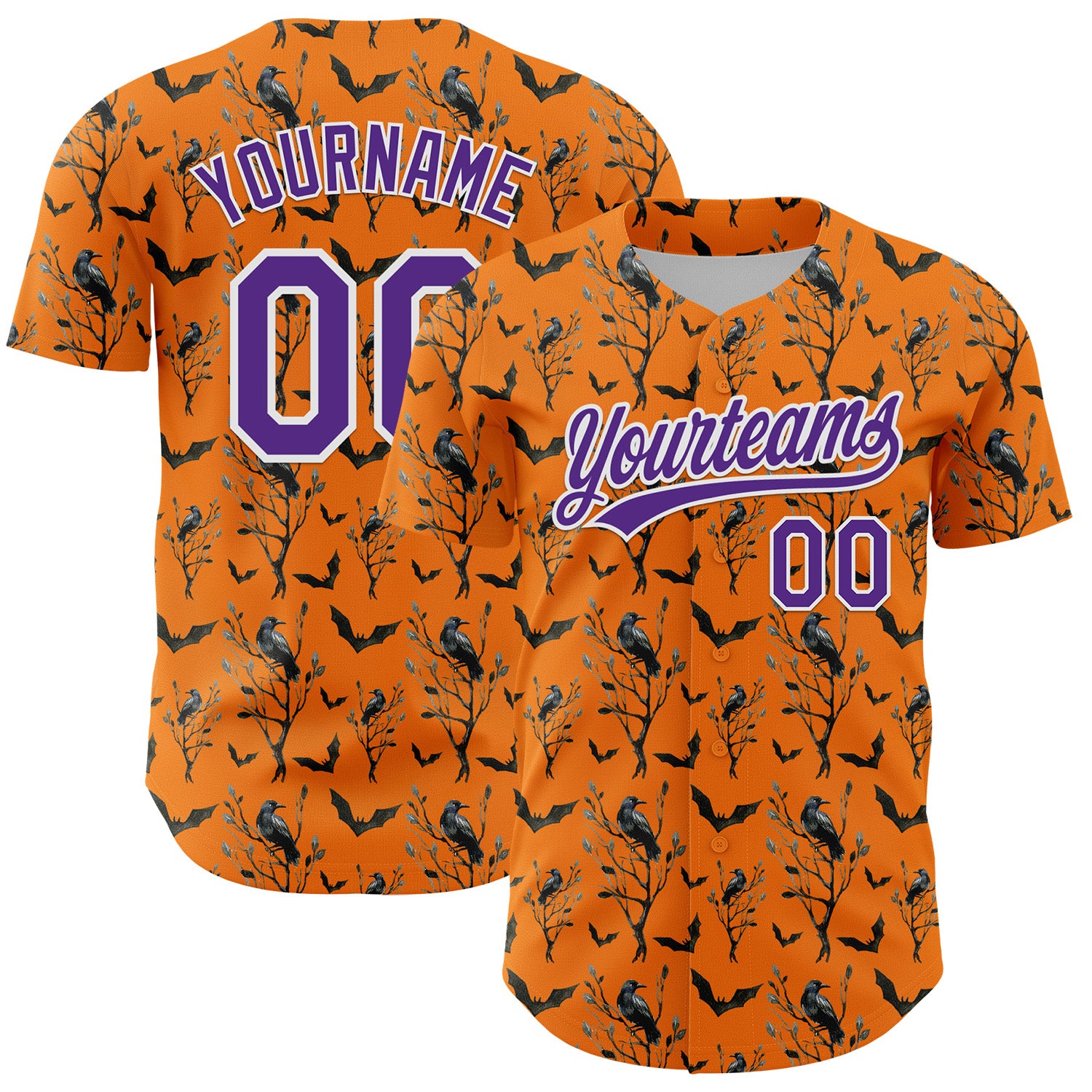 Personalized Halloween 3D Pattern Baseball Jersey Custom Name & Number - Bay Orange Purple-White Team Personalized Bay Orange