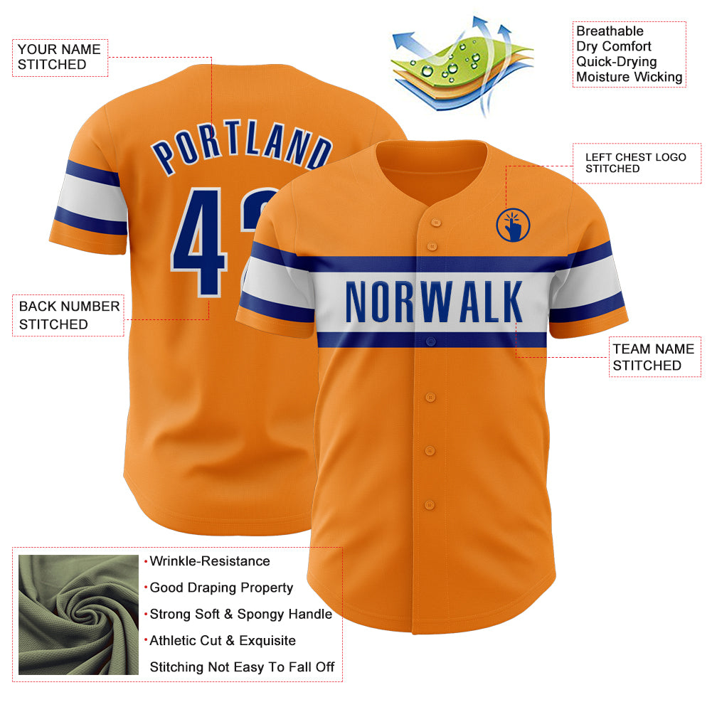 Custom Bay Orange Royal-White Baseball Jersey for Adults and Kids, Personalized Team Apparel Personalized Bay Orange Royal-White - Image 3