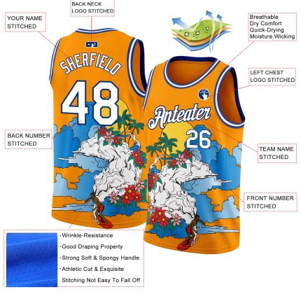 Custom Name and Number Basketball Jersey - Personalized Tropical Beach Hawaii Palm Trees 3D Pattern in Bay Orange White-Royal