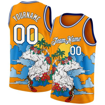 Custom Name and Number Basketball Jersey - Personalized Tropical Beach Hawaii Palm Trees 3D Pattern in Bay Orange White-Royal