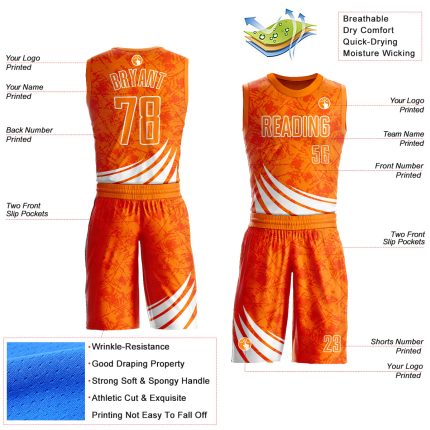 Custom Basketball Jersey with Personalized Name and Number, Sublimation Design, Bay Orange and White Wind Shapes, Round Neck