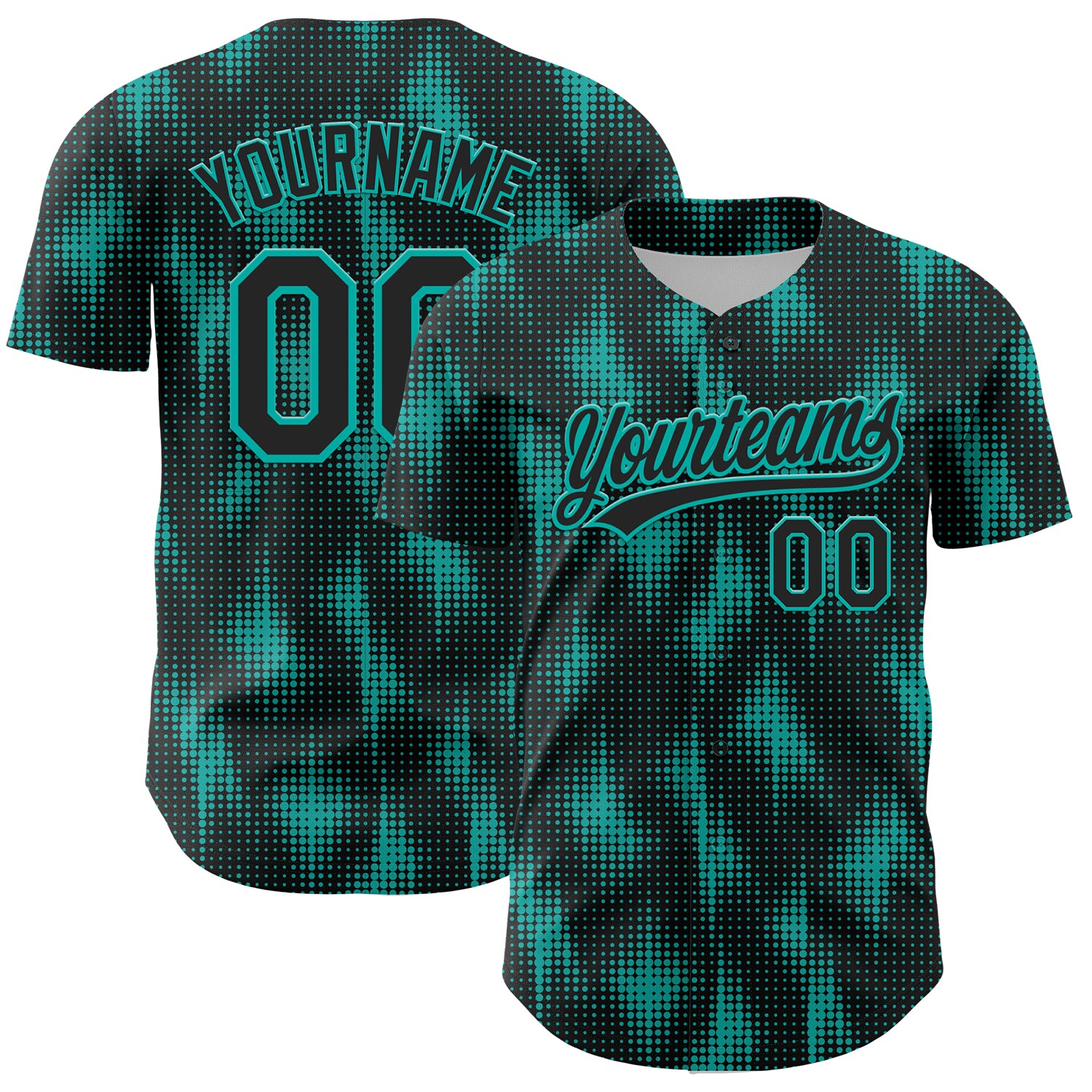 Personalized Black Aqua 3D Baseball Jersey with Halftone Dots Design Personalized Black Aqua 3D Halftone Dots Baseball Jersey