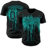 Custom Name and Number Baseball Jersey - Personalized Black Aqua 3D Dripping Splatter Art Design Personalized Black Aqua