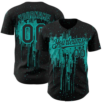 Custom Name and Number Baseball Jersey - Personalized Black Aqua 3D Dripping Splatter Art Design Personalized Black Aqua