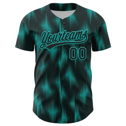 Custom Name and Number Authentic Baseball Jersey, Personalized Black Aqua 3D Pattern Design with Halftone Dots Personalized