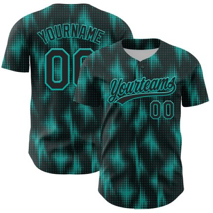 Custom Name and Number Authentic Baseball Jersey, Personalized Black Aqua 3D Pattern Design with Halftone Dots Personalized