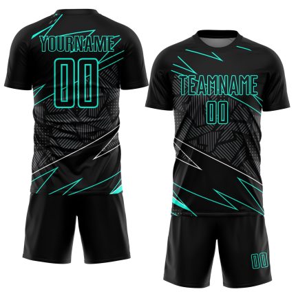 Custom Name and Number Soccer Jersey - Personalized Black Aqua Lines Sublimation Uniform Personalized Black Aqua Lines Sublimation