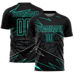 Custom Name and Number Soccer Jersey - Personalized Black Aqua Lines Sublimation Uniform Personalized Black Aqua Lines Sublimation