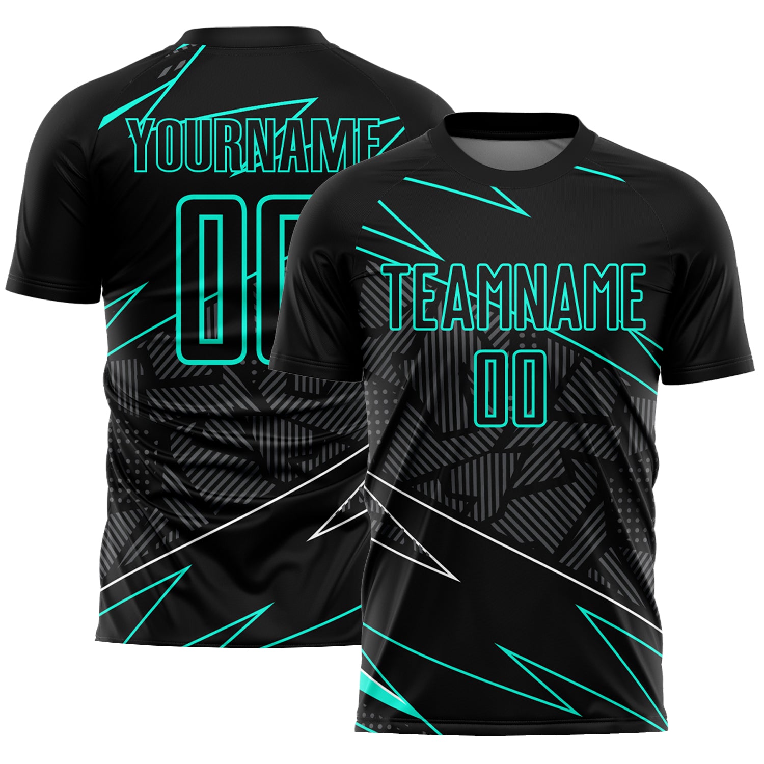 Custom Name and Number Soccer Jersey - Personalized Black Aqua Lines Sublimation Uniform Personalized Black Aqua Lines Sublimation