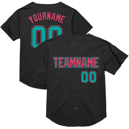Custom Name and Number Personalized Black Aqua Neon Pink Baseball Jersey - Authentic Mesh Throwback Style Personalized Black