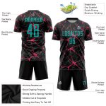 Personalized Aqua-Neon Pink Black Soccer Uniform Jersey for Kids and Adults Personalized Black Aqua-Neon Pink Sublimation
