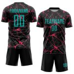 Personalized Aqua-Neon Pink Black Soccer Uniform Jersey for Kids and Adults Personalized Black Aqua-Neon Pink Sublimation