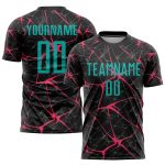Personalized Aqua-Neon Pink Black Soccer Uniform Jersey for Kids and Adults Personalized Black Aqua-Neon Pink Sublimation
