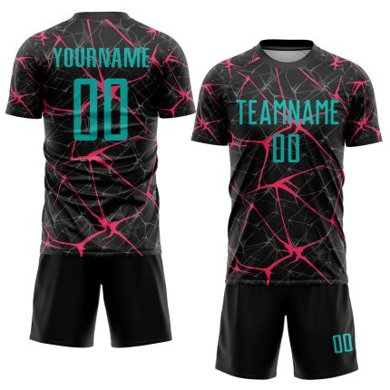 Custom Name and Number Soccer Jersey - Personalized Black Aqua Neon Pink Sublimation Team Uniform Personalized Black Aqua-Neon