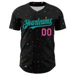 Personalized Aqua-Pink 3D Confetti Baseball Jersey - Custom Black Jersey for Fans Personalized Black Aqua-Pink 3D Confetti