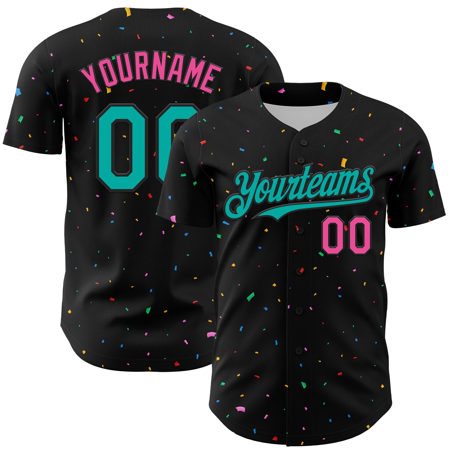 Personalized Baseball Jersey with Custom Name & Number - Black Aqua-Pink 3D Pattern Design Personalized Black Aqua-Pink 3D