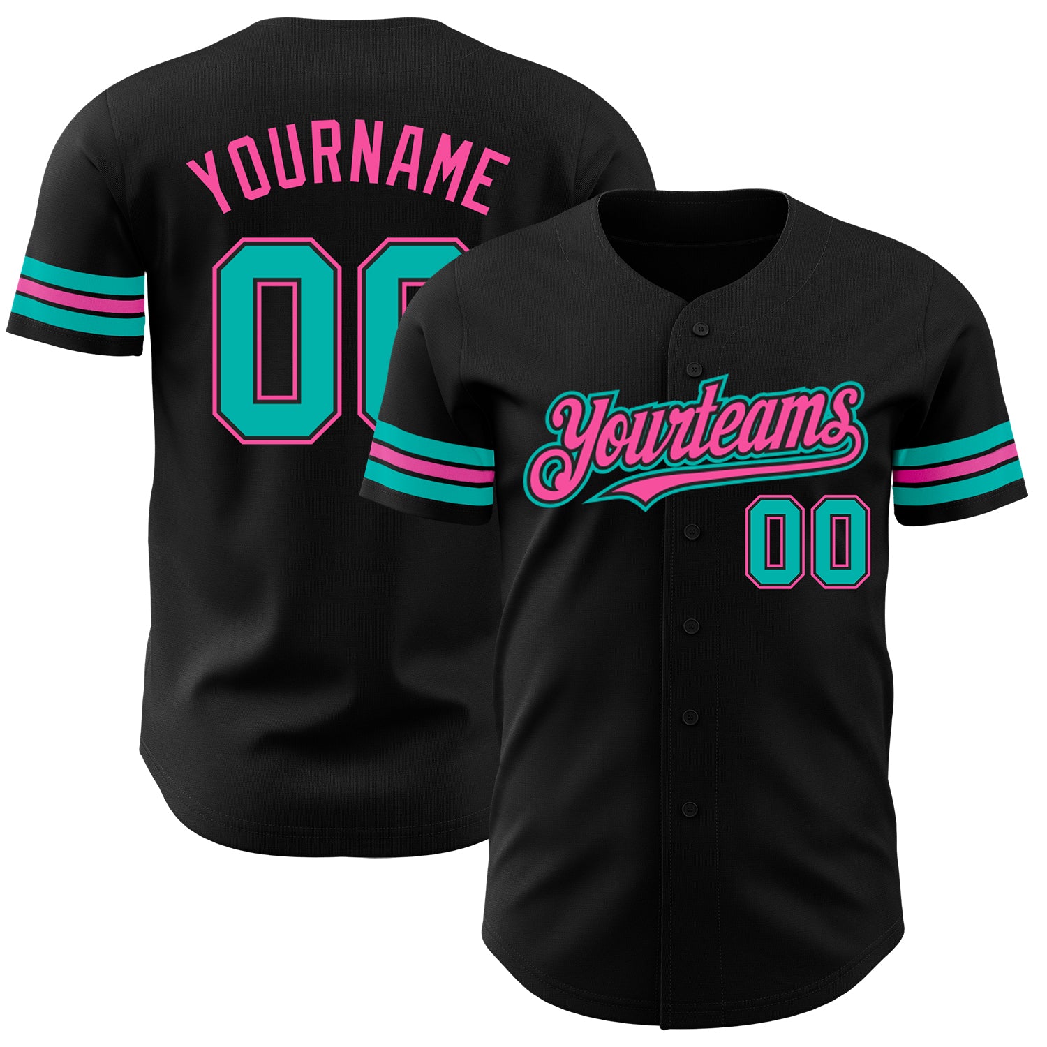 Personalized Aqua-Pink Baseball Jersey for Adults - Custom Black Jersey Design Personalized Black Aqua-Pink Baseball Jersey