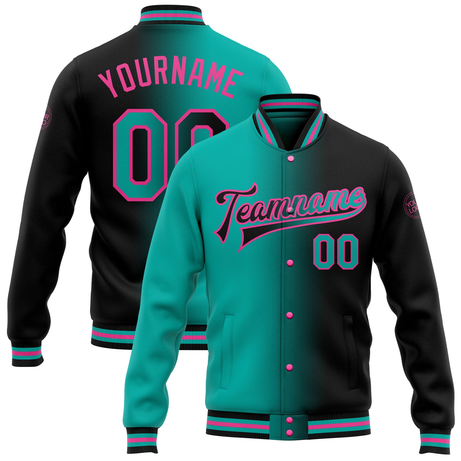 Custom Personalized Varsity Jacket with Name and Number - Black Aqua-Pink Gradient Bomber Full-Snap Fashion Team Jacket Personalized