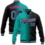 Personalized Gradient Aqua-Pink Bomber Jacket for Women Full-Snap Varsity Letterman Fashion Personalized Black Aqua-Pink