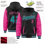 Custom Team Name and Number Black Aqua-Pink Two Tone Bomber Varsity Hoodie Jacket Full-Snap Personalized Black Aqua-Pink