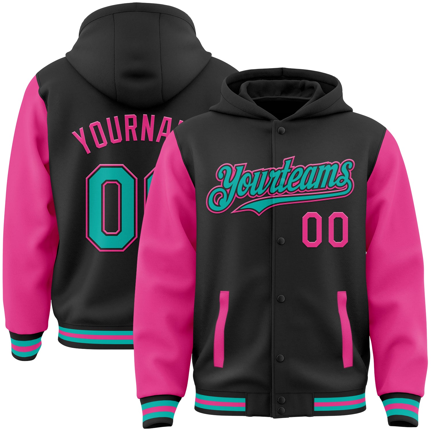 Custom Team Name and Number Black Aqua-Pink Two Tone Bomber Varsity Hoodie Jacket Full-Snap Personalized Black Aqua-Pink