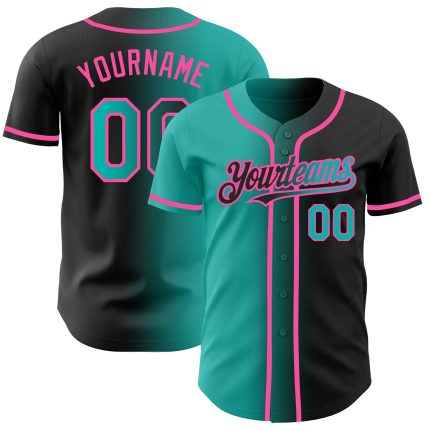 Personalized Aqua-Pink Gradient Black Fashion Baseball Jersey for Men and Women Personalized Black Aqua-Pink Gradient Fashion